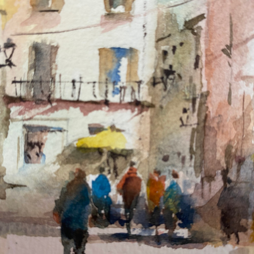 199）原画 水彩画 風景画 イタリアの小さな村 絵画 マグリット