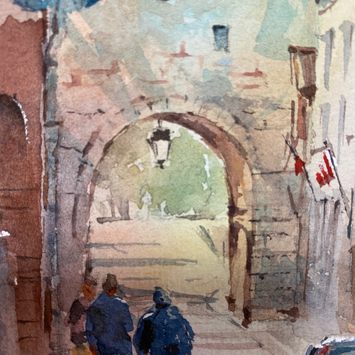 200）原画 水彩画 風景画 南フランスの小さな村 絵画 マグリット