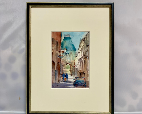 200）原画 水彩画 風景画 南フランスの小さな村 絵画 マグリット
