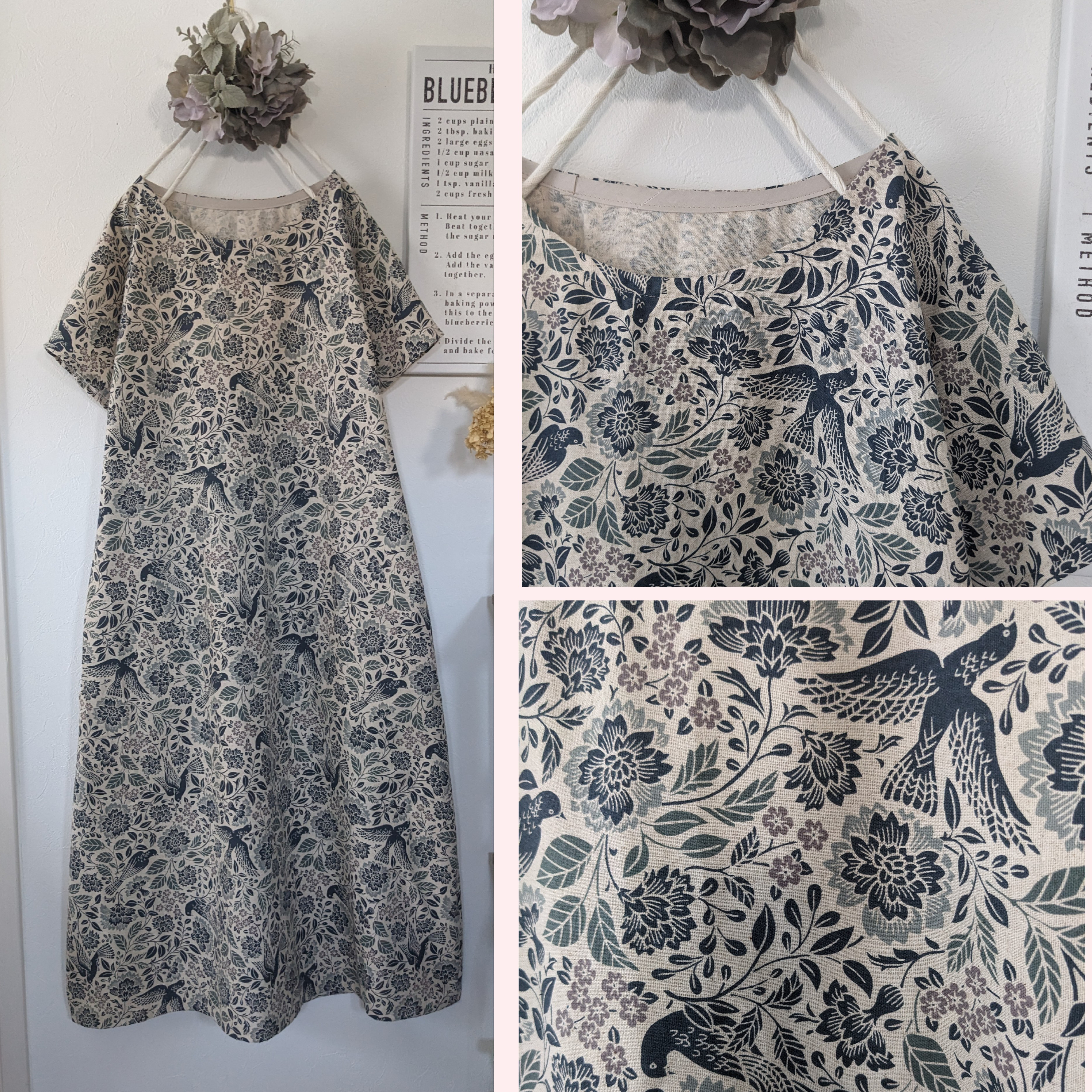 ♥北欧調小鳥と植物の綿麻ワンピース♥　生成り☓ネイビー