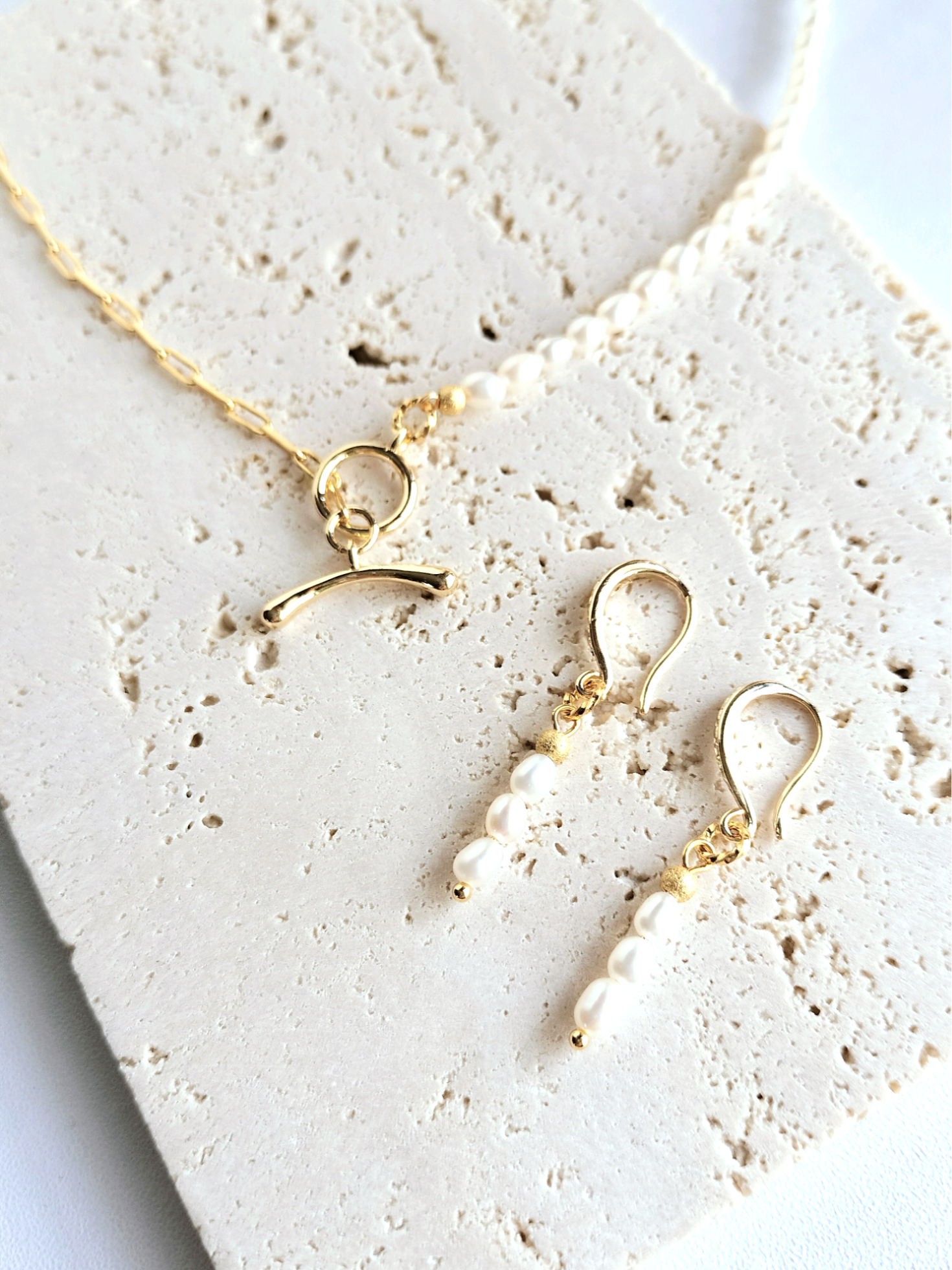 淡水パール＊16KGPマンテルネックレス&14KGFピアス