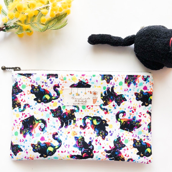 ハンドメイド ぺたんこポーチ【黒猫ちゃん】 ポーチ 風kaze 通販