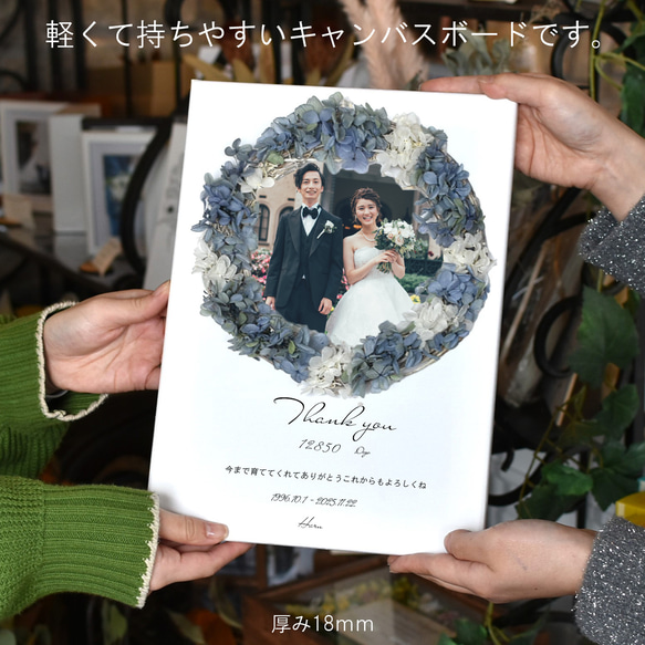 子育て感謝状 結婚式 プリザーブドフラワー リース 誕生日 記念品 両親  プレゼント 【写真印刷F4キャンバスリース】 2枚目の画像