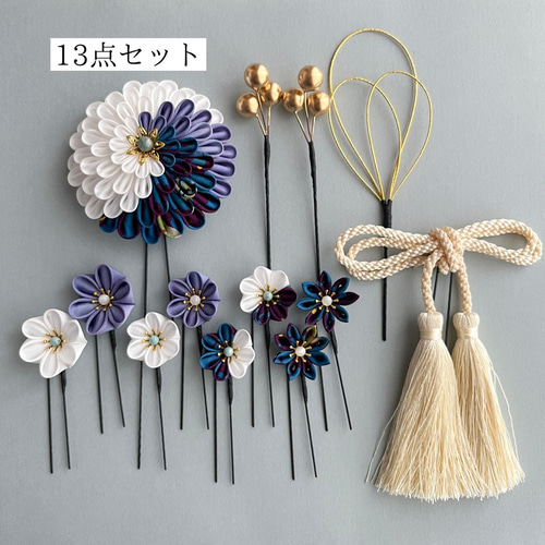 青好きの方へ 七五三 成人式 結婚式 つまみ細工髪飾り【レトロフラワー