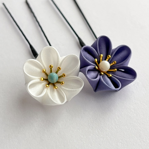 青好きの方へ 七五三 成人式 結婚式 つまみ細工髪飾り【レトロフラワー