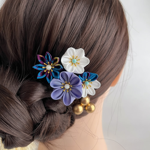 青好きの方へ 七五三 成人式 結婚式 つまみ細工髪飾り【レトロフラワー