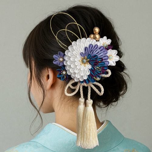 青好きの方へ 七五三 成人式 結婚式 つまみ細工髪飾り【レトロフラワー