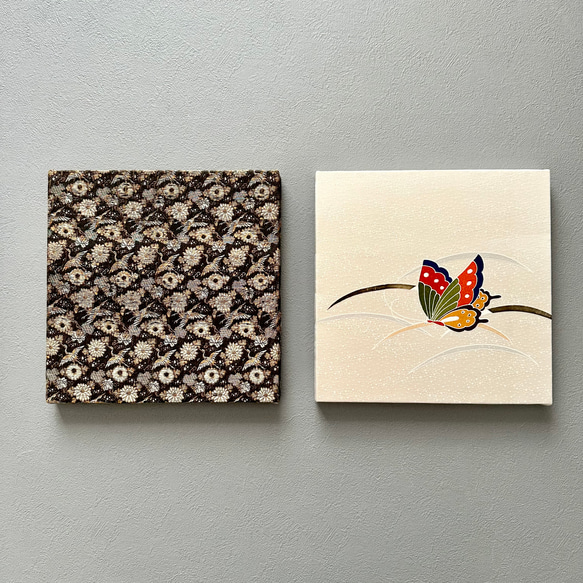 着物のファブリックパネル　アンティークモダンに飛ぶ蝶（2枚セット）　着物リメイク　インテリア　古民家　ひなまつり　壁飾り 3枚目の画像