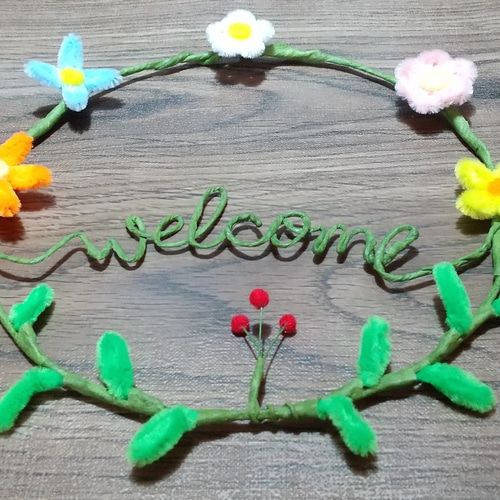花のウェルカムリース ワイヤーアート モールアート 壁掛け