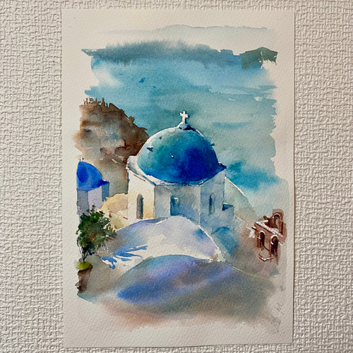 204）原画 水彩画 風景画 サントリーニ島 絵画 マグリット0125