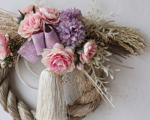 2026】ピンクローズのしめ縄リース / しめ飾り お正月飾り しめ縄