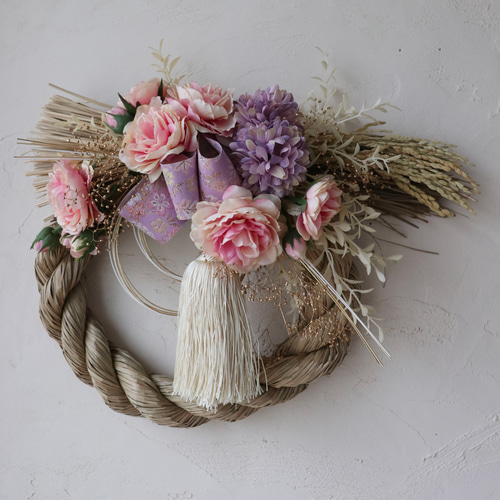 2026】ピンクローズのしめ縄リース / しめ飾り お正月飾り しめ縄