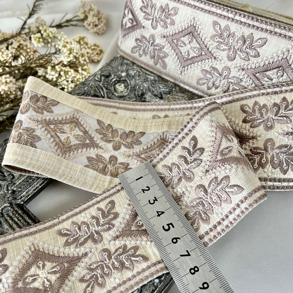 30cm  インド刺繍リボン  シルク  花とひし形柄 9枚目の画像