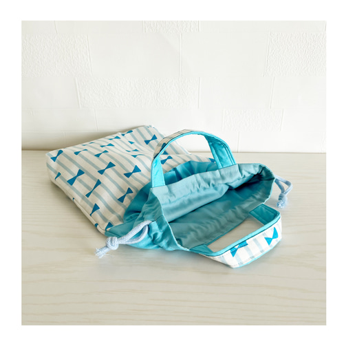 送料無料！水色リボンのレッスンバッグと上履き入れ⭐︎体操服袋、3点