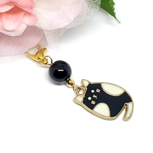 天然石＊モリオン&黒猫＊ストラップ＊キーホルダー＊チャーム 