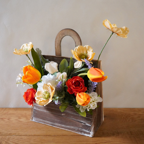 【枯れないお花】春のアレンジメント・バッグ型　母の日　お祝い　インテリア　ギフト　チューリップ 16枚目の画像