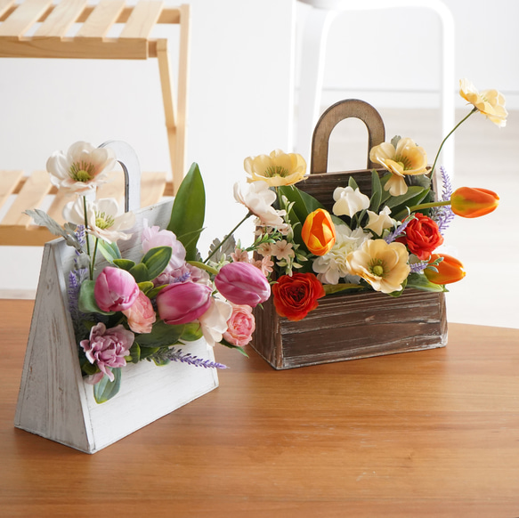 【枯れないお花】春のアレンジメント・バッグ型　母の日　お祝い　インテリア　ギフト　チューリップ 2枚目の画像