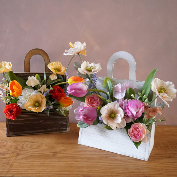 【枯れないお花】春のアレンジメント・バッグ型　母の日　お祝い　インテリア　ギフト　チューリップ 10枚目の画像