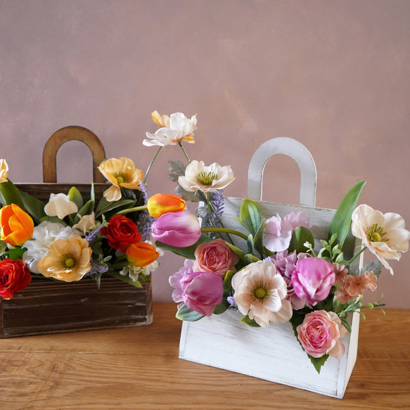 【枯れないお花】春のアレンジメント・バッグ型　母の日　お祝い　インテリア　ギフト　チューリップ 19枚目の画像