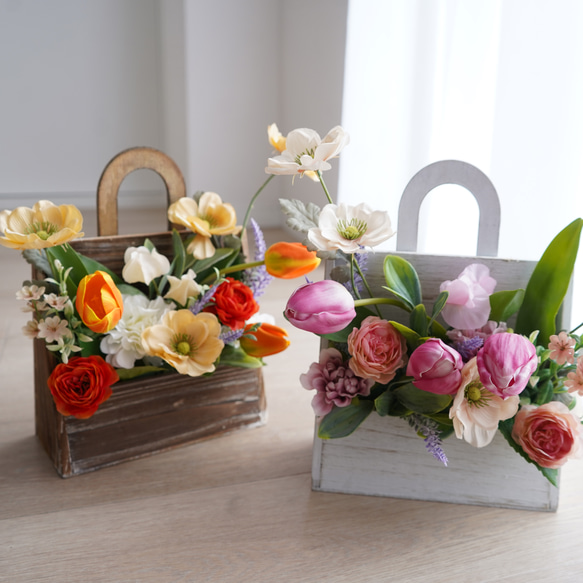 【枯れないお花】春のアレンジメント・バッグ型　母の日　お祝い　インテリア　ギフト　チューリップ 8枚目の画像