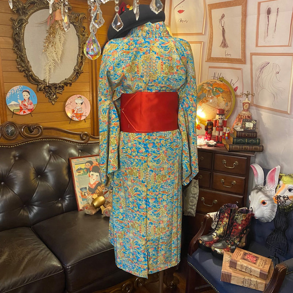 着物 洗える 化繊 ワンピース ドレス ハンドメイド リメイク 帯サッシュベルト  KW-240 6枚目の画像