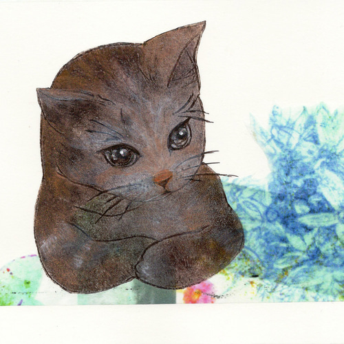 1点もの原画シート「物思いのネコさん」版画と水彩画の