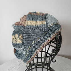 バスケット編みのベレー帽・茶系、ブルー系 4枚目の画像