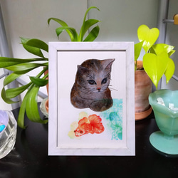 1点もの原画シート「ネコさんに嫌な予感」版画と水彩画のコラージュ絵画 2枚目の画像