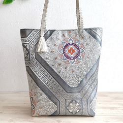 絹の帯と帯締めのバッグ 蜀江花文柄 帯リメイク316 ハンドバッグ Ho