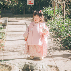 3歳お着物＆被布エプロンセット　ピンク×ホワイト　ハンドメイド 七五三 着物 3歳 女の子 ブランド被布セット Shikibu Roman 式部