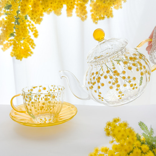 ミモザが舞うお花畑〜耐熱ガラスのティーセット ポット・急須