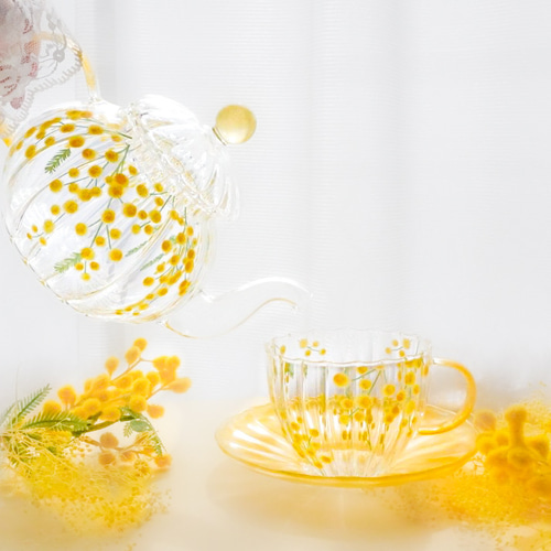 ミモザが舞うお花畑〜耐熱ガラスのティーセット ポット・急須