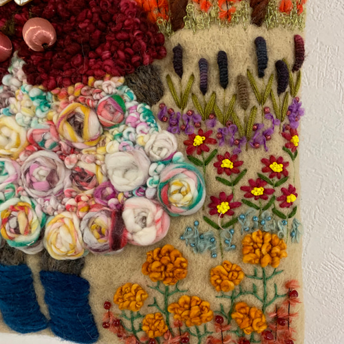 ねこさんとお花畑 羊毛フェルト生地のバッグ ハンドバッグ はなひなこ