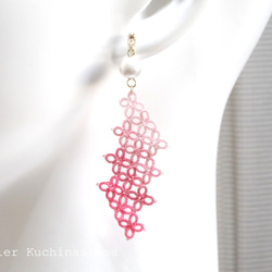 幾何圖案梭織蕾絲棉質珍珠耳環（櫻花色） 第5張的照片