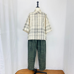 【遠州織物】ハーフスリーブシャツ　逆スラブ大格子　チェック　オーガニックコットン　アイボリー 1枚目の画像