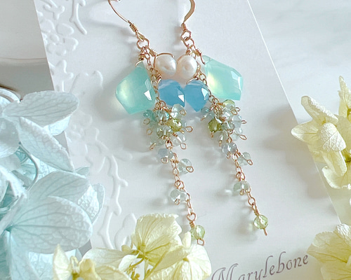 14kgf】ミントグリーンオニキス×ホーリーブルークォーツ＊ロングピアス