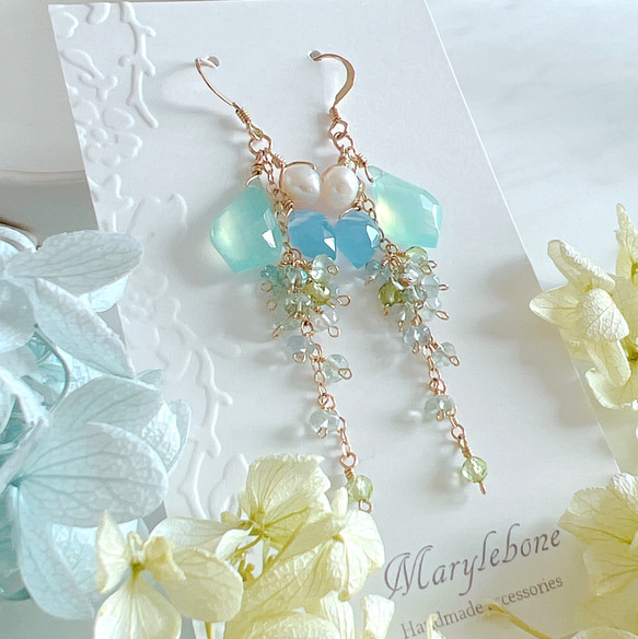 14kgf】ミントグリーンオニキス×ホーリーブルークォーツ＊ロングピアス