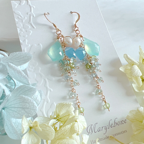 14kgf】ミントグリーンオニキス×ホーリーブルークォーツ＊ロングピアス