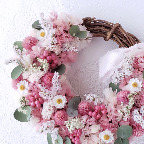 ピンクのリース【ハイブリッドスターチス】ドライフラワー ピンクの