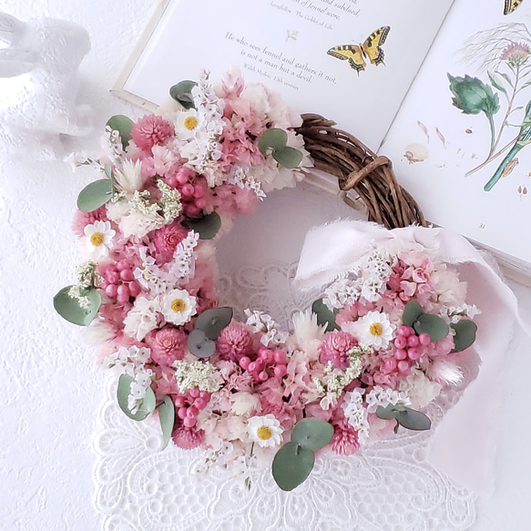 ユーカリとスターチスのリース ナチュラルピンク