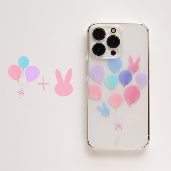 ウサギと風船のスマホケース　バルーン　クリア　アクオス　Xperia　android　他機種対応　 1枚目の画像
