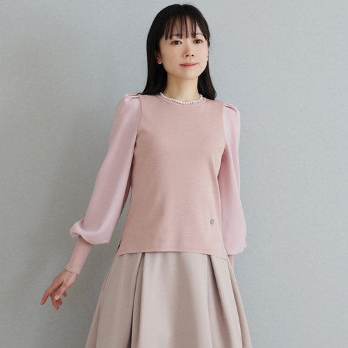 サイズが選べる◎】異素材パフスリーブ 長袖プルオーバー【アイボリー