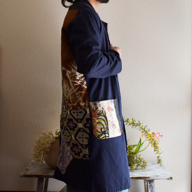 Acote 着物 パッチワーク コート ネイビー ヨーロッパ古着 イタリア製