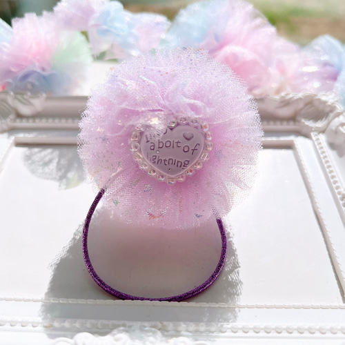 ✗】チュールとお花のリボンヘアゴム ハートパーツ ✗】チュールとお花