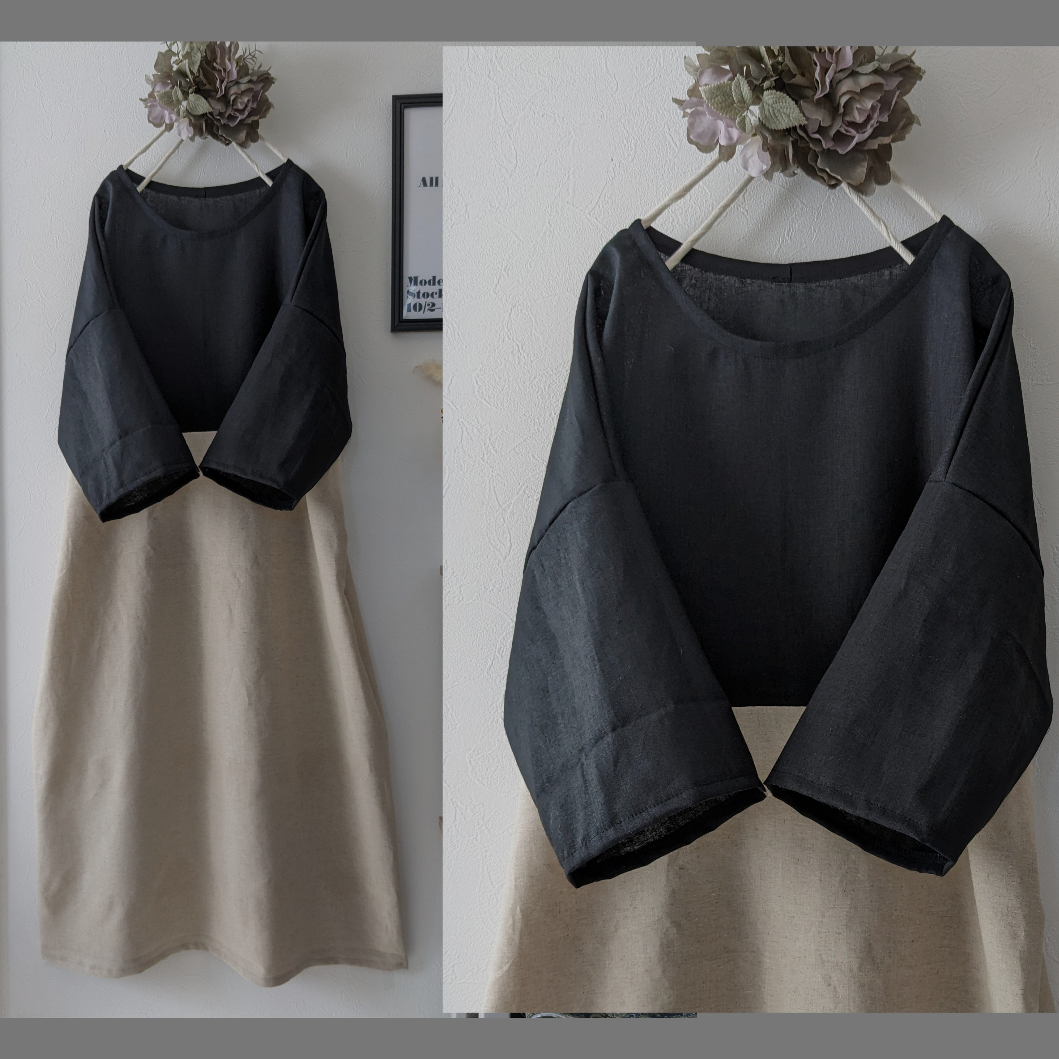 ♥モノトーンワンピース生成り☓黒♥半袖可ゆったりカジュアル