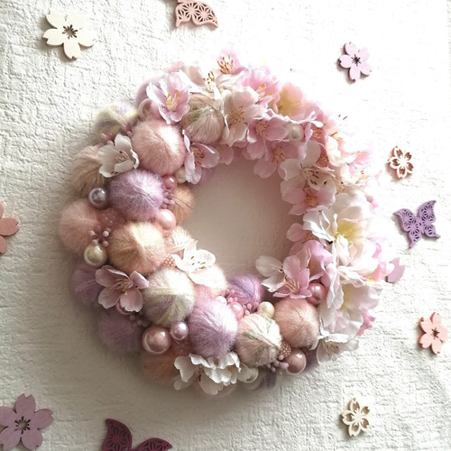 【再販】毛糸玉リース☆ふわもこピンク 再販】毛糸玉リース☆ふわもこピンク 羊毛フェルト作品☆ふわ