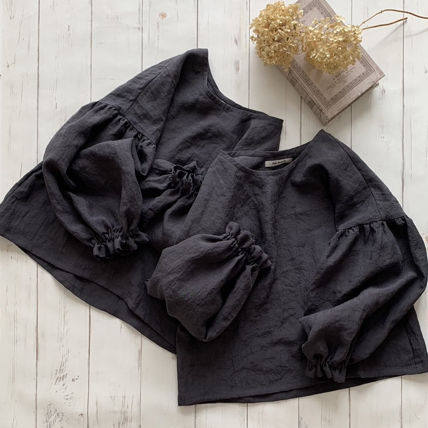coco バルーンブラウス 長袖  Belgium linen 100% *charcoal gray ※受注制作※