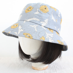 つばちょっぴり長めタイプ●リボンセット*グレーリネンの花柄ハット　ナチュラル　春夏　帽子　紫外線対策　ファッション 13枚目の画像