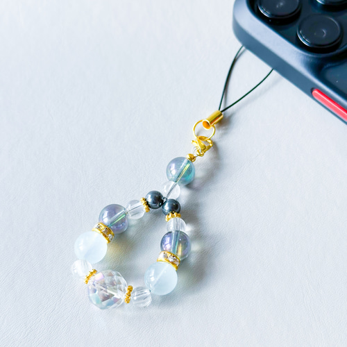 スマホストラップ 水晶チャーム アクアマリン 天然石キーホルダー