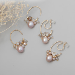 #990E 粉紅珍珠細微差別顏色天然石材橢圓形圈形耳環 第3張的照片